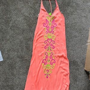 NWT S Lilly Pulitzer Ferra Papaya Embroidered Midi Coverup neon orange beaded